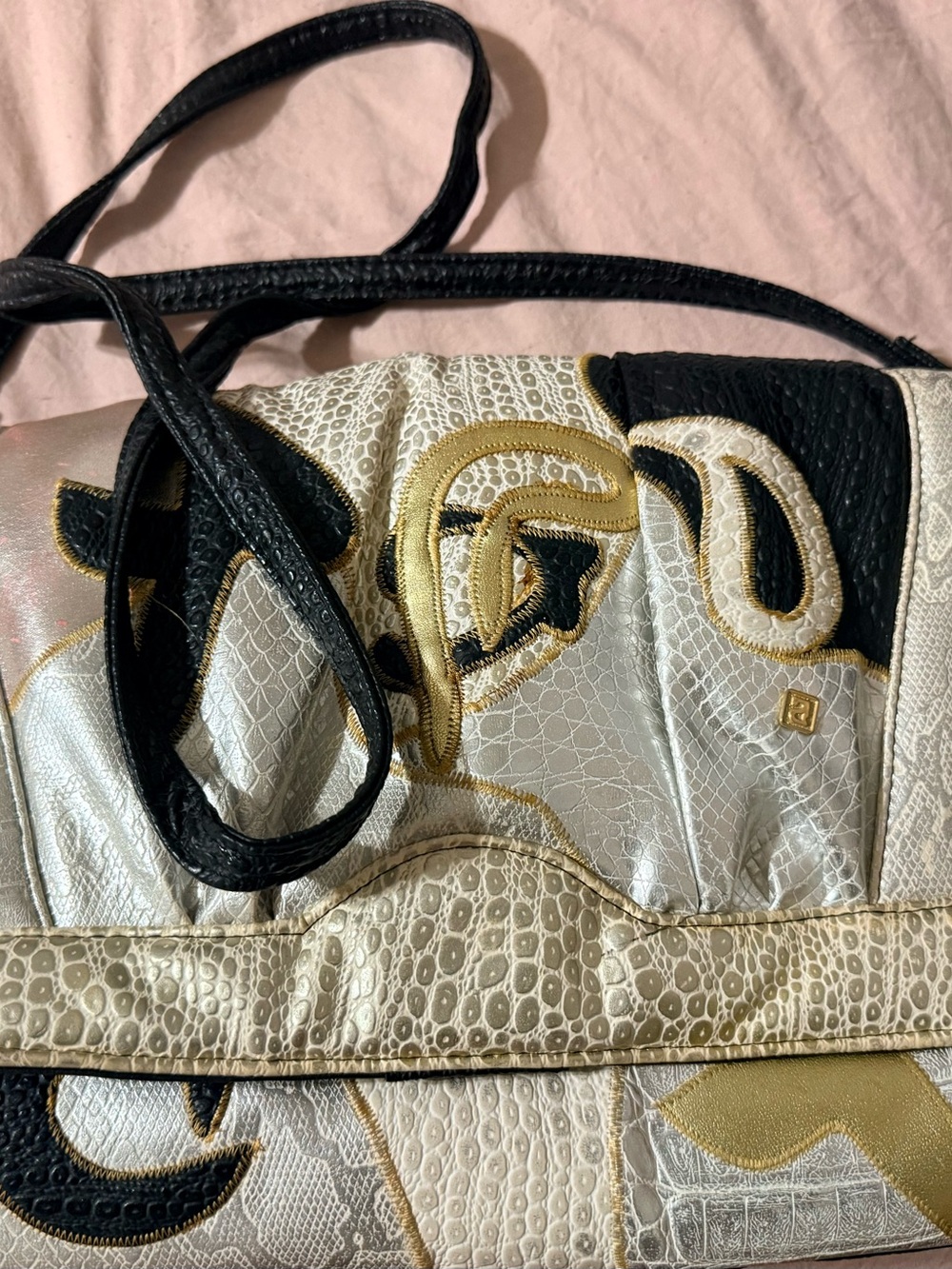 Embroidered Gold and Black Shoulder Bag - Elegant Patterned Design